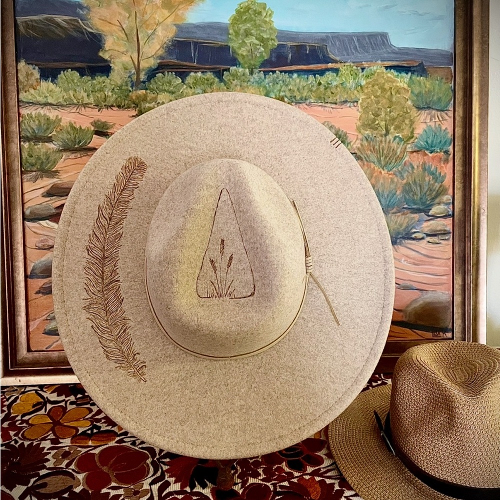 Hand burned,  beige felt Wide Brim Hat